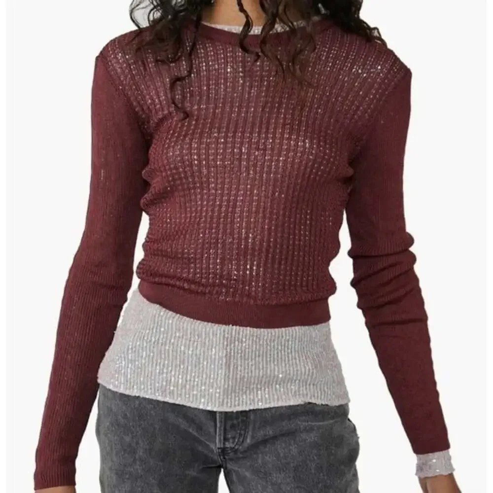 NWT Free People H20 Crew Pullover Size small raw garnet burgundy color​​​​​​​